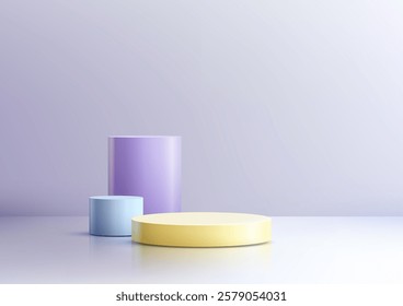 Minimalist 3D platforms light blue lavender and yellow cylindrical shapes on a reflective white surface for modern product display mockups, showroom branding or elegant presentations