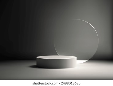 Minimalist 3D Podium with Circular Glass Panel in Dark Room Background for Product Display and Showcase