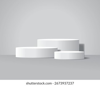 Minimalist 3D podium display with three round white cylinders, clean modern stage background for product presentation or cosmetic mockup.