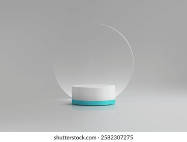 Minimalist 3d podium featuring a white cylindrical base and turquoise ring, set against a soft grey background with a translucent circle, perfect for modern product displays and mockups