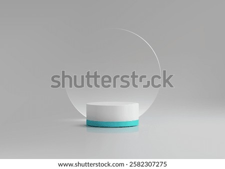 Minimalist 3d podium featuring a white cylindrical base and turquoise ring, set against a soft grey background with a translucent circle, perfect for modern product displays and mockups