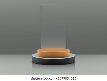 Minimalist 3D podium in orange and gray tones with reflective surfaces and a slim transparent panel. Perfect for modern product displays, mockups, and sleek showroom designs