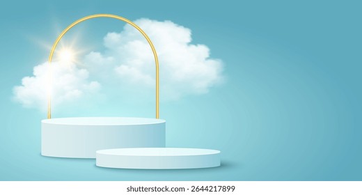 Cena de pódio 3D minimalista com plataformas redondas elegantes e um arco dourado contra o céu azul com efeito de luz solar e nuvens fofas. Desenho para apresentação, venda ou marca de produtos. Vetor.