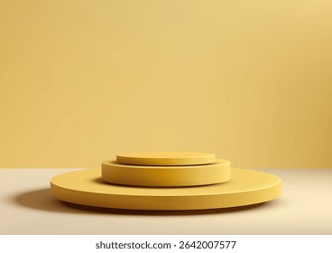 minimalist 3d podium in soft yellow with two tiered cylindrical design, product display mockup or showcase stand in a modern showroom setting, clean and elegant presentation for branding