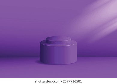 Minimalist 3D podium with tiered cylinders in soft purple. With subtle lighting creates a modern and elegant atmosphere, suitable for mockups, presentations or abstract concepts.