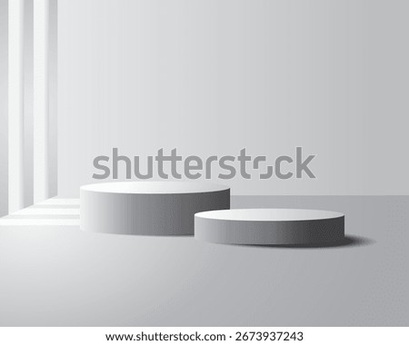 Minimalist 3D podium with two round platforms in soft gray tones, modern abstract background for product display, cosmetic mockup, or luxury branding.