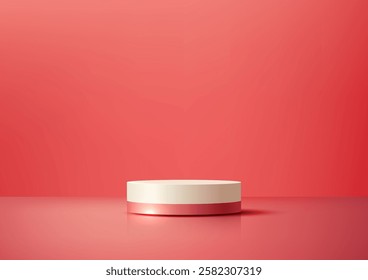 Minimalist 3d podium white cylinder with a thin pink band, set against a vibrant pink background, perfect for product showcases, mockups, and modern design presentations