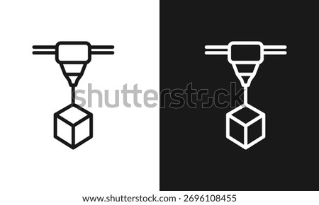 Minimalist 3D Printer Line Art Icon, Additive Manufacturing Symbol with Print Head and Cube, Modern Vector Graphic for Technology, Prototyping, and Digital Fabrication, Black and White Versions