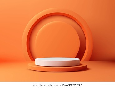 minimalist 3d product showcase 3D white round platform on a textured orange base with concentric circles, modern mockups, branding, and advertising in a clean monochromatic style