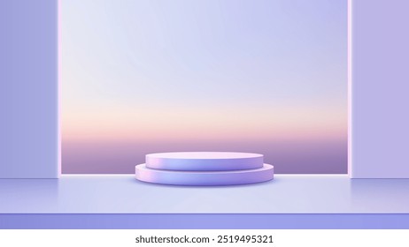 Pódio roxo 3D minimalista com fundo azul para exposição ou apresentação moderna do produto, ideal para modelos de maquete, sala de exposição ou mostra