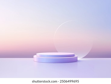 Minimalist 3D Purple Podium with Circle Transparent Glass and Gradient Backdrop for Product Display and Mockup