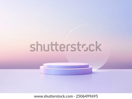 Minimalist 3D Purple Podium with Circle Transparent Glass and Gradient Backdrop for Product Display and Mockup