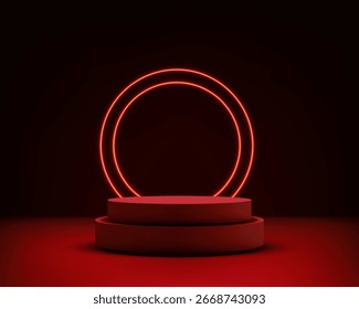 minimalist 3d red podium circular stands before a glowing neon ring on a dark background perfect for product display showroom exhibition branding or promotional design