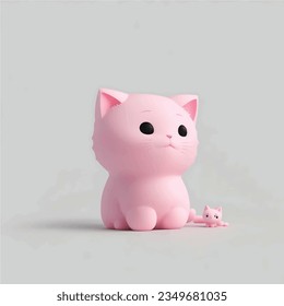 A minimalist 3D render of a tiny pink cat soft pop with white background