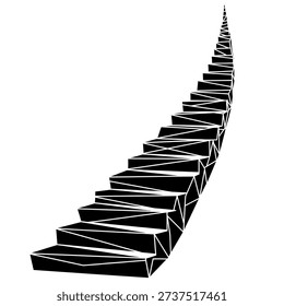 A minimalist 3D rendering of a geometric staircase with sharp edges, depicted in black and white, suggesting progress and upward movement.