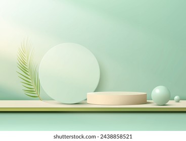 A minimalist 3D scene with beige podium, green circle, spheres, and a large green leaf on green background. Vector illustration