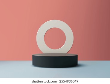 Minimalist 3D scene featuring a black cylinder podium and white ring set against a muted pink wall. Product display, mockups, and visual designs in elegant contemporary compositions