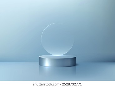 Una escena minimalista en 3D con un podio circular y un círculo translúcido flotando sobre un fondo azul suave, ideal para exhibir productos, maquetas o mostrar conceptos de diseño modernos