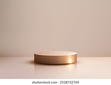 Eine minimalistische 3D-Szene mit einem einzigen kreisförmigen Goldpodium auf einer reflektierenden Oberfläche. Perfekt für Luxus-Produktdisplays oder Mockups