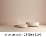 Minimalist 3D scene featuring two circular podiums and a transparent glass backdrop in soft earthy tones. showcasing products, mockups, and creative designs