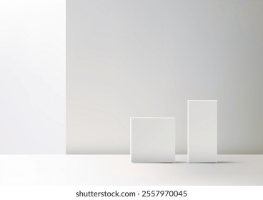 Minimalist 3D scene featuring two white geometric boxes on a clean background. Perfect for modern product displays, branding, mockups, and creative showcase presentations