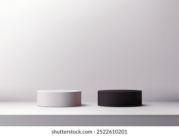 A minimalist 3D scene featuring white and black cylindrical podiums on a clean, neutral background. Ideal for product displays, mockups, and contemporary designs in professional presentations
