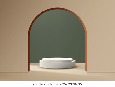 Minimalist 3D scene featuring 3D white circular podium set against a green backdrop framed by a warm arched doorway, mockups and elegant showroom displays