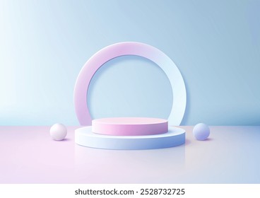 Una escena minimalista en 3D con tonos rosa y azul pastel con una plataforma circular, esferas y un telón de fondo arqueado. Ideal para exhibiciones de productos modernos, salas de exposición o maquetas con una estética de diseño limpio