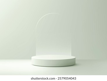 minimalist 3d scene a soft green cylindrical podium with an arched glass accent against a pastel background perfect for product mockups branding clean modern aesthetic stylish showcase