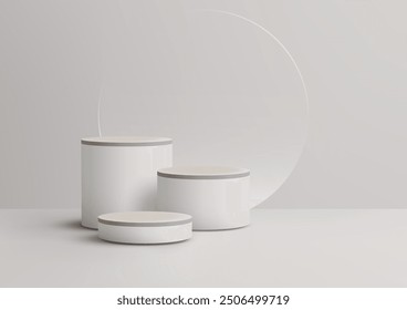 A minimalist 3D scene three cylindrical white podiums set against a neutral background with a glass circle arch, perfect for modern product displays, mockups, and elegant showrooms