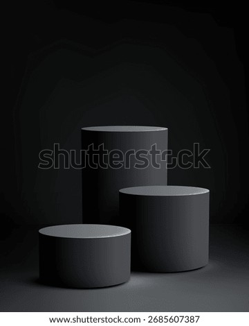 minimalist 3d scene with three cylindrical pedestals on a dark background designed for product presentation award showcase or branding mockup emphasizing clean modern style