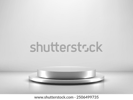 Minimalist 3D Silver Podium with Reflective Surface and Spotlight, Elegant Platform for Product Display on White Background, Modern Design for Showcase and Presentation