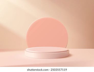 Minimalist 3D Soft Pink Podium with Circle Backdrop and Soft Lighting, Elegant and Feminine Design for Beauty Product Displays, Jewelry Mockups, Showrooms, and Showcases