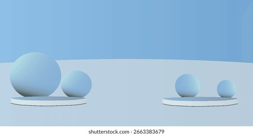 Esferas 3D minimalistas em plataformas redondas com um fundo de gradiente azul suave, criando uma cena abstrata limpa e moderna.