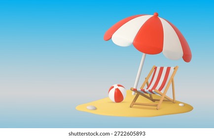 Cadeira de convés estilo claymorfismo de cena de praia 3D minimalista e Parasol para marketing de viagens, banner da web e design de interface do usuário