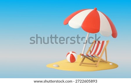 Minimalist 3D Summer Beach Scene Claymorphism Style Deck Chair and Parasol for Travel Marketing, Web Banner, and UI Design