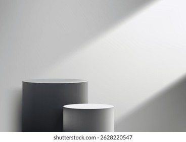 minimalist 3d two cylindrical pedestals in light and dark gray, standing in a clean white space, perfect for product display, mockup, or modern showcase with depth and perspective