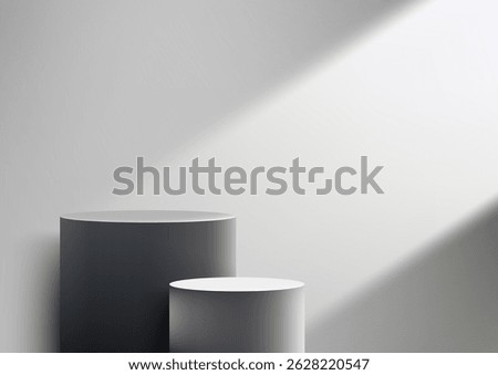 minimalist 3d two cylindrical pedestals in light and dark gray, standing in a clean white space, perfect for product display, mockup, or modern showcase with depth and perspective