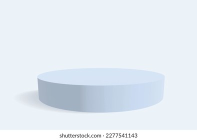 Minimalist 3D Vector Composition with a Pastel Blue Low Cylindrical Podium on a Very Bright Blue Background, ideal for Product Presentation. Simple Geometric Mokup Product Display. Round Stage.