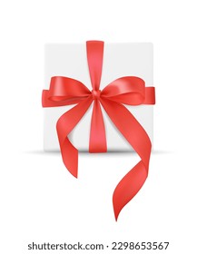 Minimalist 3D Vector Illustration of Elegant Gift Box with Silk Red Ribbon Bow. Realistic Design Element on White Background for Celebrations, Weddings, and Anniversaries. 