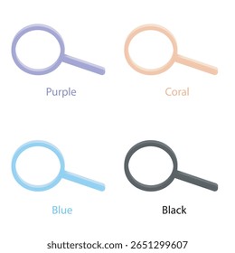 Conjunto de iconos de línea de Vector 3D minimalista con el símbolo de la lupa. Variantes de color: púrpura, coral, azul y negro. Los íconos son perfectos para UI, App, Sitios web, presentaciones. Aislado.