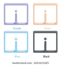 Conjunto de iconos de línea de Vector 3D minimalista con el símbolo de información. Variantes de color: púrpura, coral, azul y negro. Los íconos son perfectos para UI, App, Sitios web, presentaciones. 