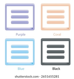 Ícone de linha de vetor 3d minimalista definido com o símbolo do menu hambúrguer. Variantes de cores: roxo, coral, azul e preto. Os ícones são perfeitos para interface do usuário, aplicativos, sites, apresentações. Isolado.