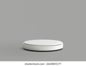 Una plataforma circular blanca minimalista en 3D sobre un fondo gris liso, maquetas de productos, pantalla o marca. Limpio, moderno y aislado con sombra sutil, comercio electrónico o imágenes publicitarias