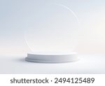 Minimalist 3D White Circular Podium with soft Background and Glass Circle Element for Product Display, Mockup