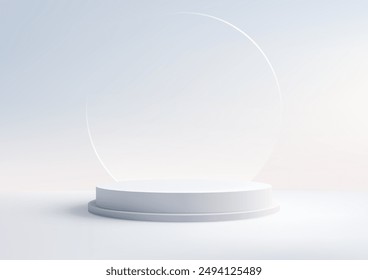 Minimalist 3D White Circular Podium with soft Background and Glass Circle Element for Product Display, Mockup