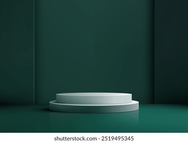 Pódio circular branco minimalista 3D com dois níveis em fundo verde para exibição de produtos e maquetes