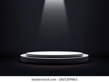 minimalist 3D white circular podium under a spotlight against a dark background, award ceremonies, product displays, or creative mockups. showcasing elegance and focus in modern designs
