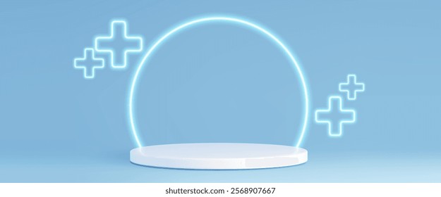 Minimalist 3d white cylinder podium with glowing neon circle arch and crosses on light blue background. Medical plus symbols around platform. Health care pharmaceutical product presentation displays.