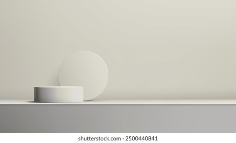 Minimalist 3D White Cylindrical Podium with Large Circle on Neutral Beige Backdrop | Modern Product Display, Mockup, and Showroom Showcase